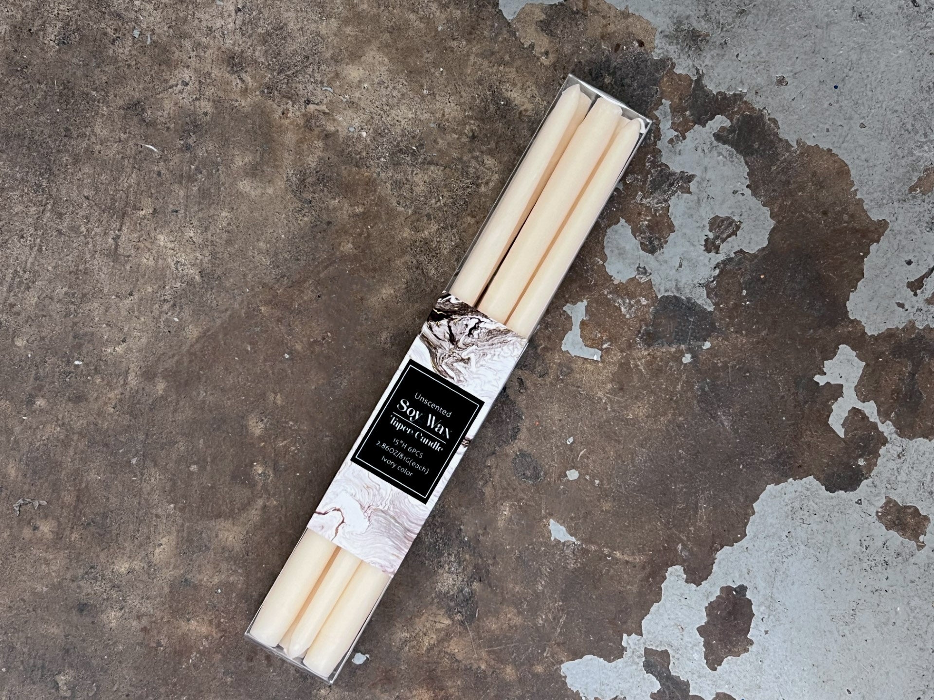 Set of 6 Tall 15" Unscented Soy Taper Candles Ivory Cotton & Crete