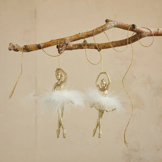 Set of 2 Ballerina Ornaments with Feathered Tutu