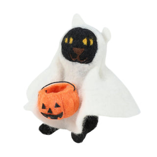 Felt Ghost Cat with Pumpkin Bucket