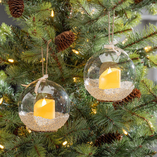 Set of 2 Lit Candle Glass Ornaments with Remote