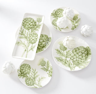 9" Non-Symmetrical White Dolomite Plate with Green Artichokes