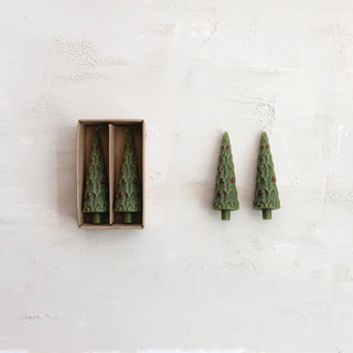 Set of 2 Tree Shaped 8" Taper Candles - Green with Berries