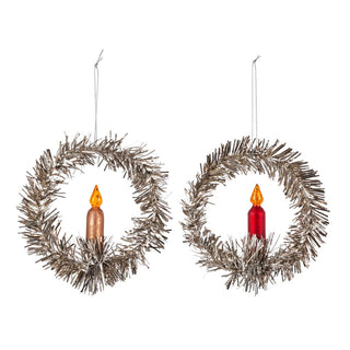 Vintage Style Tinsel Wreath with Glass Candle Ornament - Choose Color