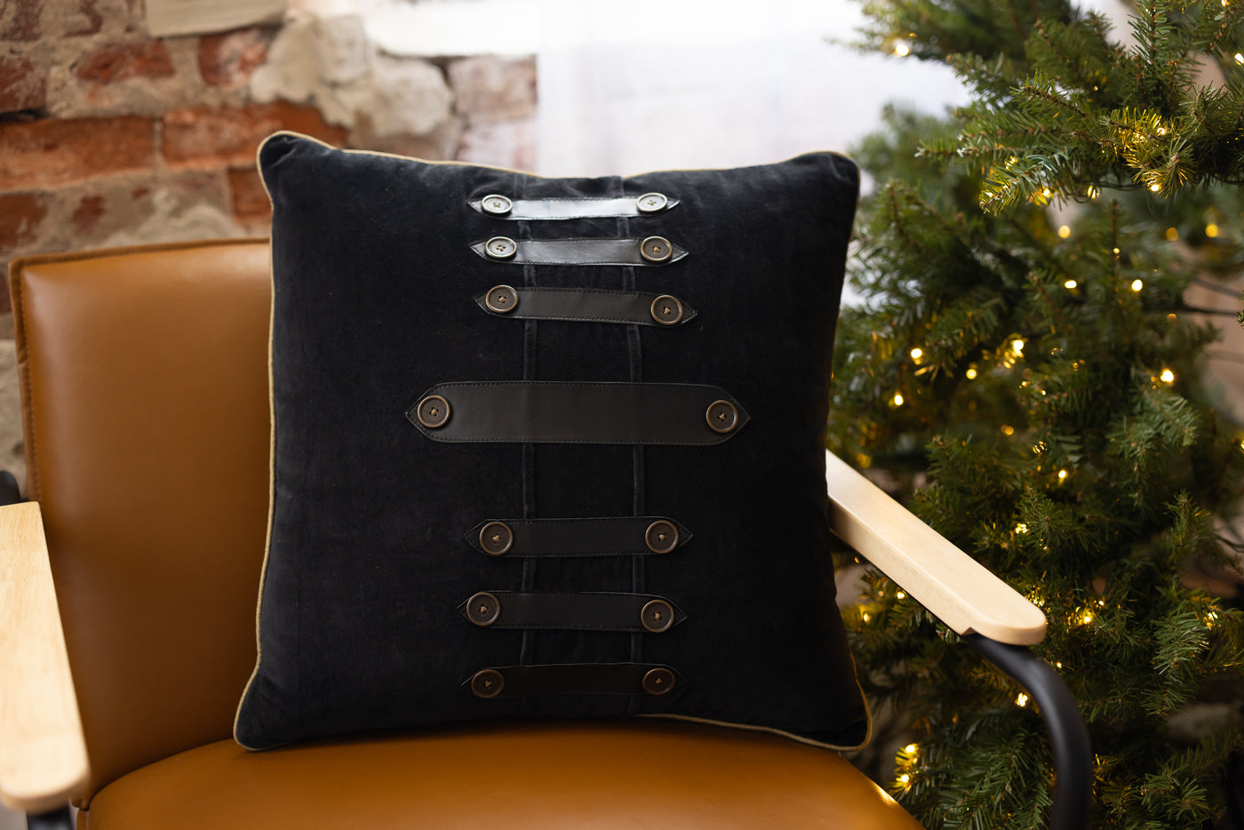 20" Black Velvet Pillow With Buttons and Straps