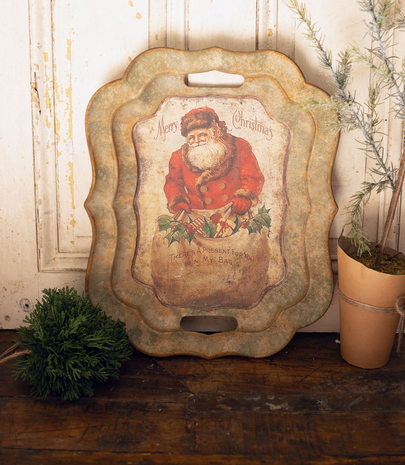 Vintage Style Tray with Santa and Gift Bag