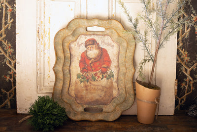 Vintage Style Tray with Santa and Gift Bag