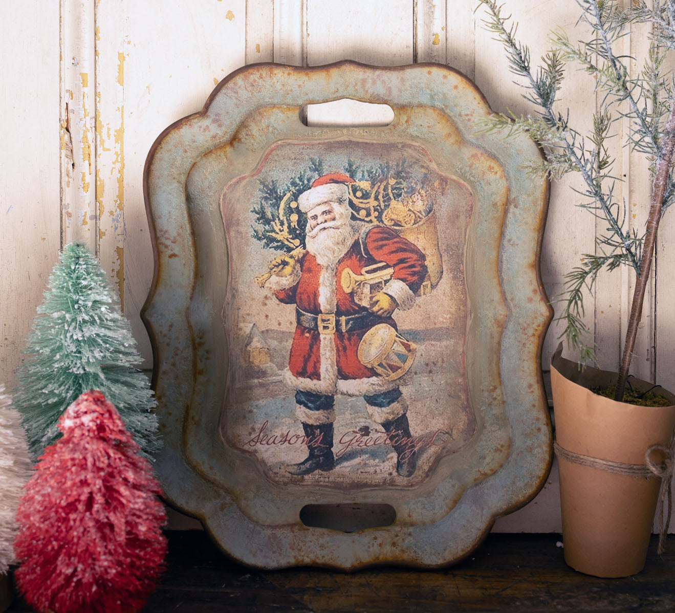 Vintage Style Tray Santa Bearing Gifts