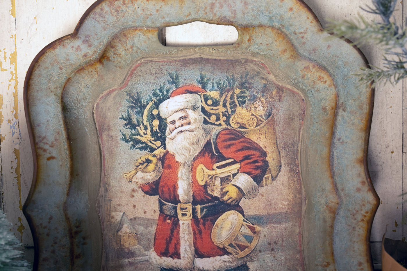 Vintage Style Tray Santa Bearing Gifts