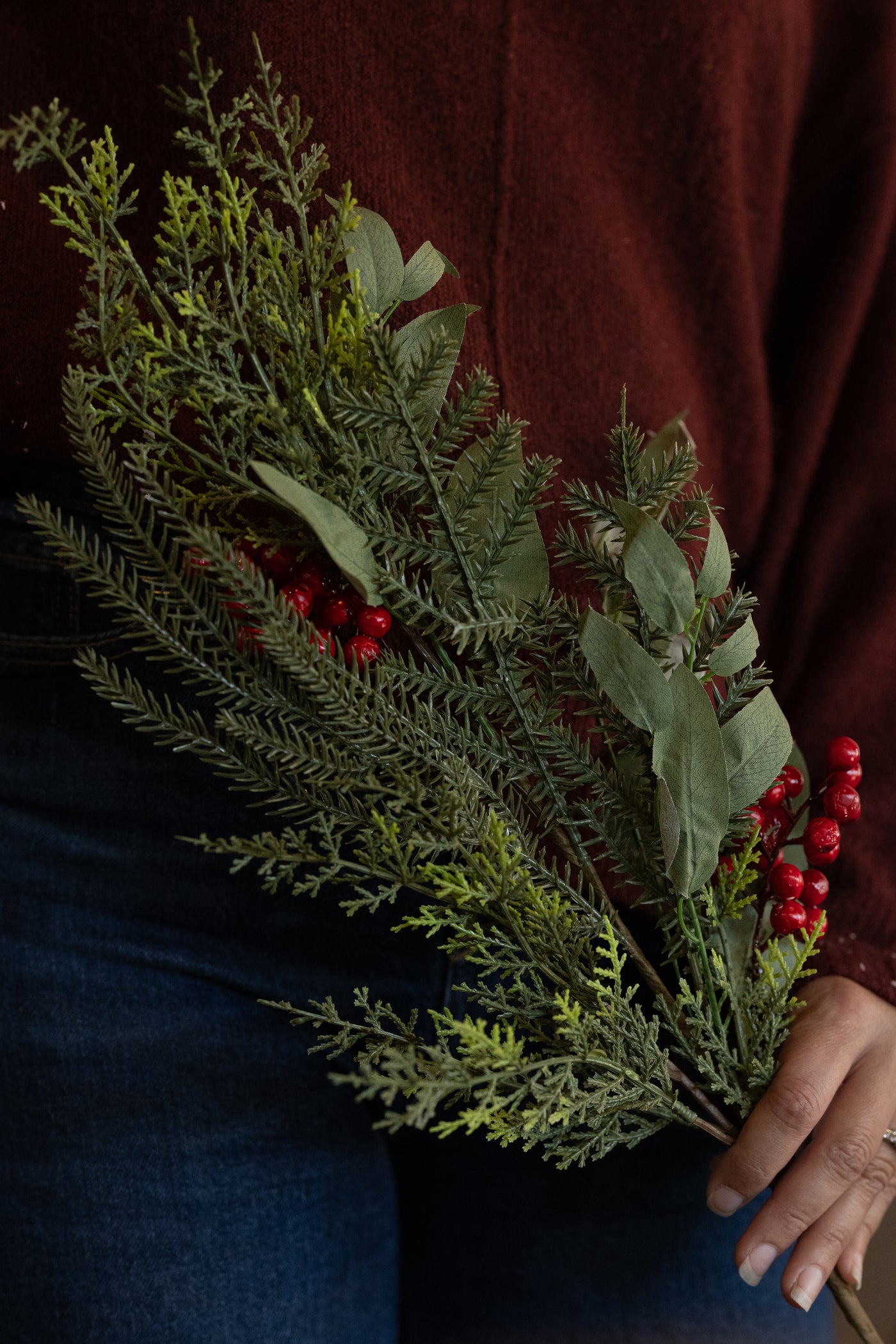 34" Mixed Pine and Eucalyptus Red Berry Stem