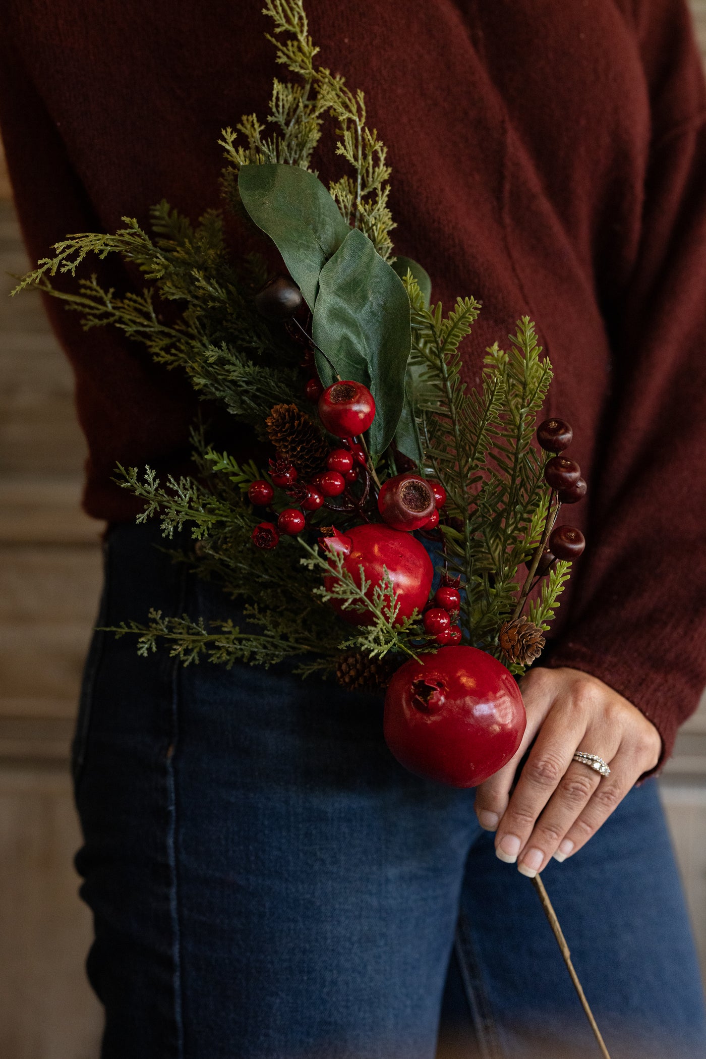 35" Mixed Pine Stem with Magnolia Pomegranates and Berries