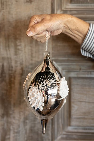 10" Silver Glass Holly Finial Ornament with White Beads