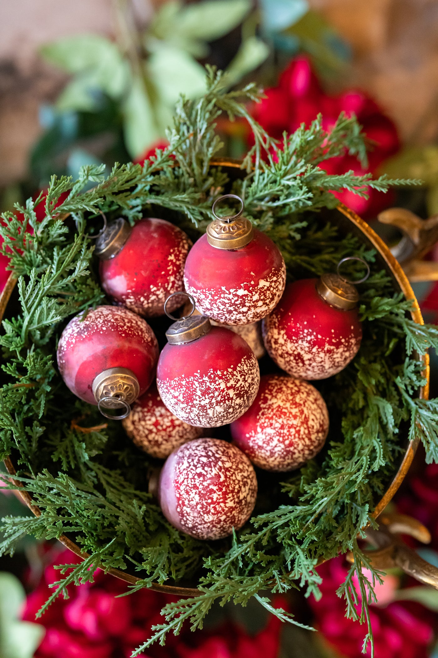 2" Red and Half White Speckled Glass Ornaments - Box of 9