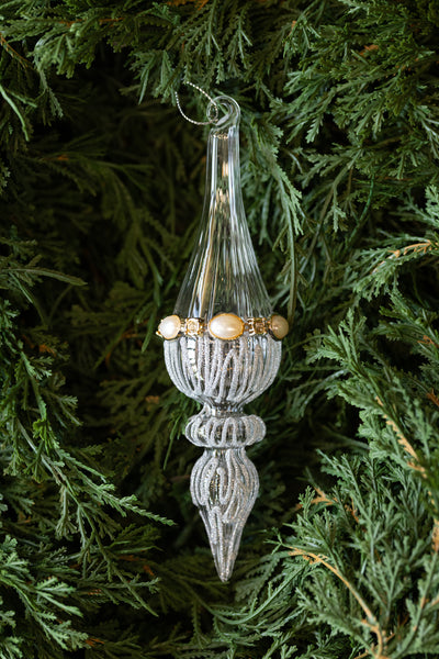 Ribbed Clear Glass & Silver Glitter Ornament with Rhinestone and Pearls - Choose Style