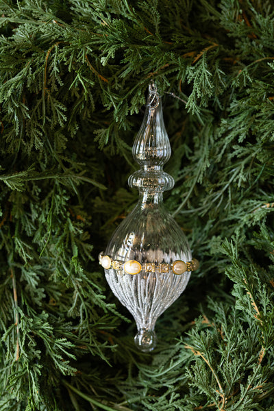 Ribbed Clear Glass & Silver Glitter Ornament with Rhinestone and Pearls - Choose Style