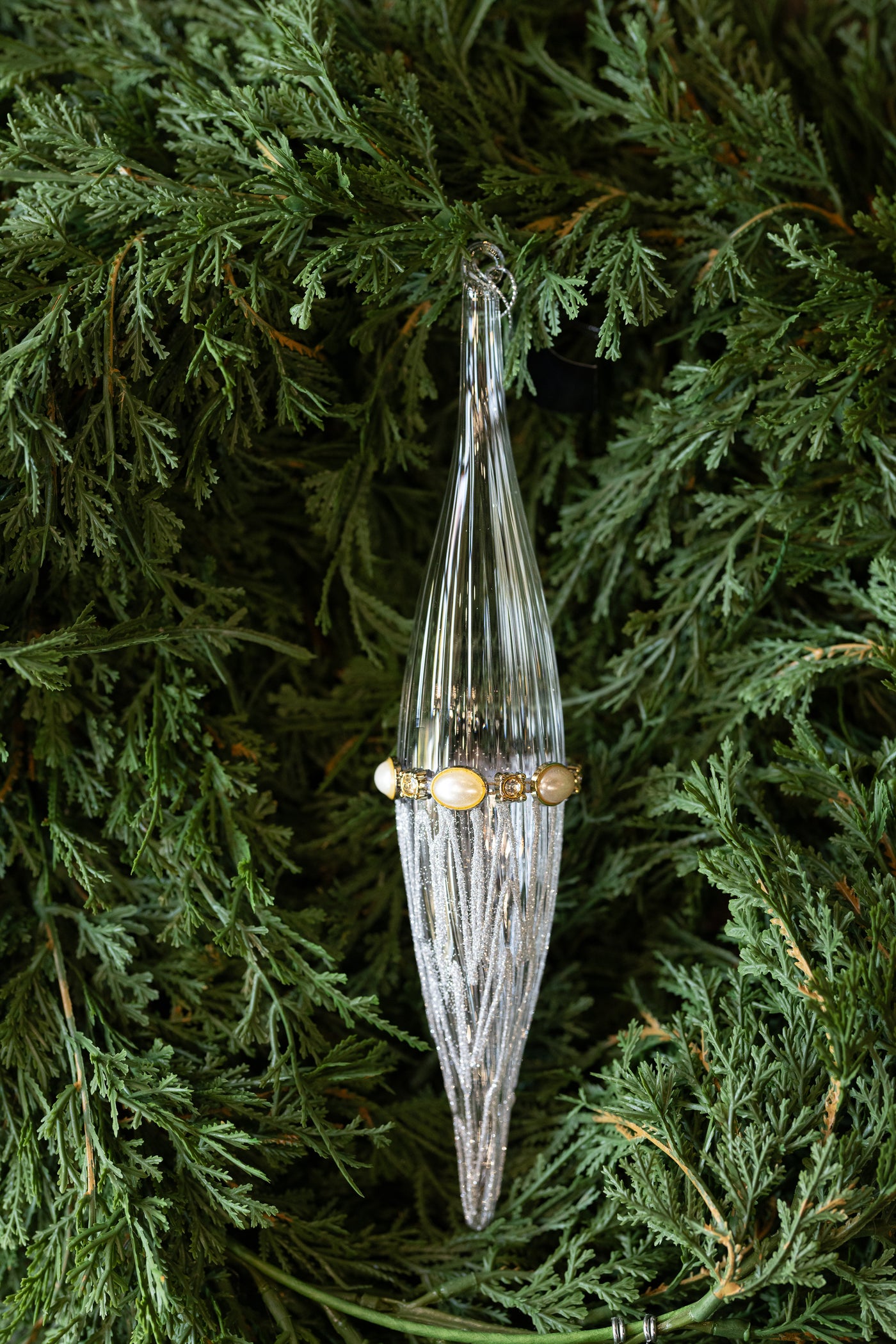 Ribbed Clear Glass & Silver Glitter Ornament with Rhinestone and Pearls - Choose Style