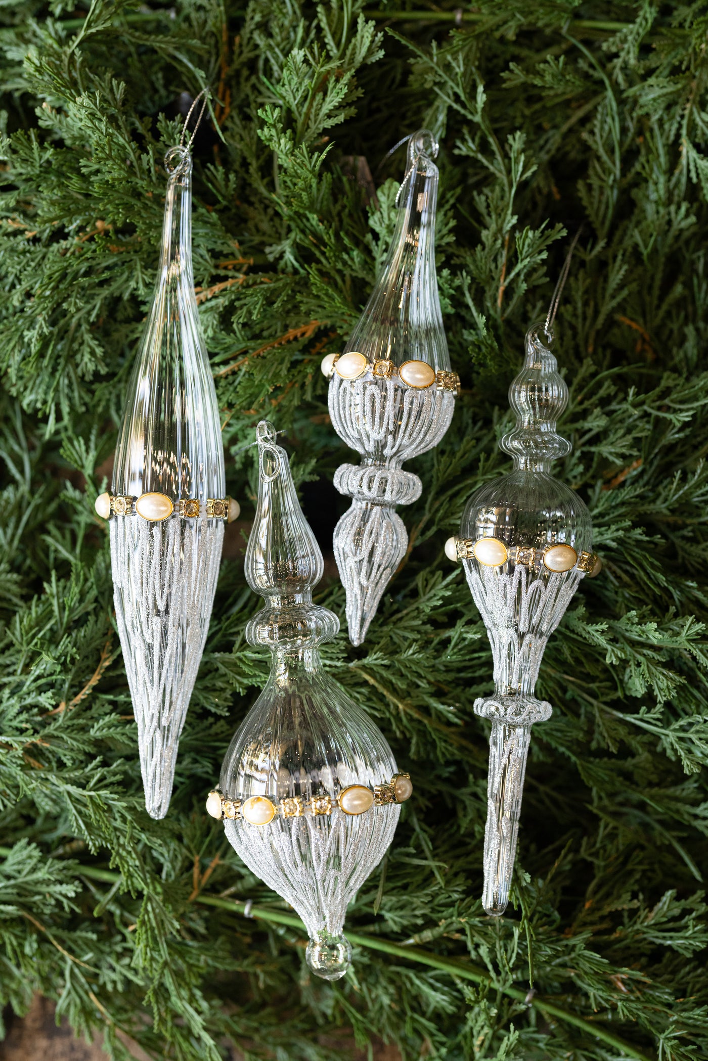 Ribbed Clear Glass & Silver Glitter Ornament with Rhinestone and Pearls - Choose Style