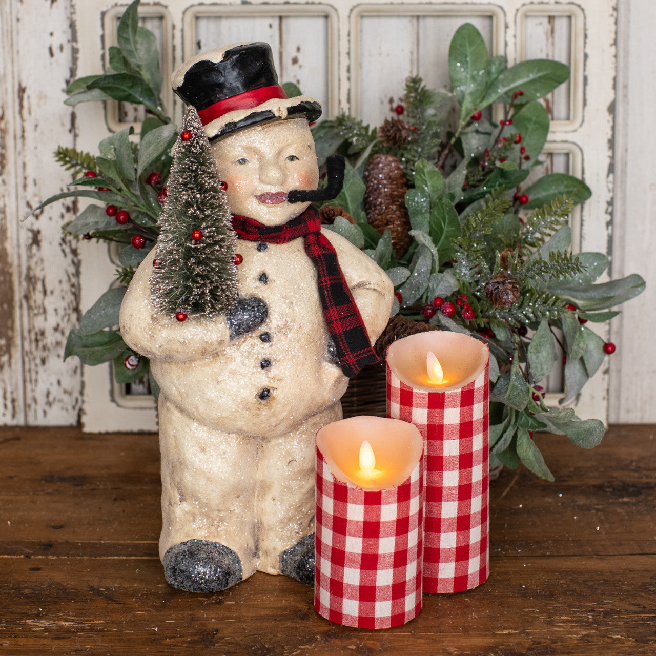 Vintage Style Paper Mache Snowman with Tree - Choose Size