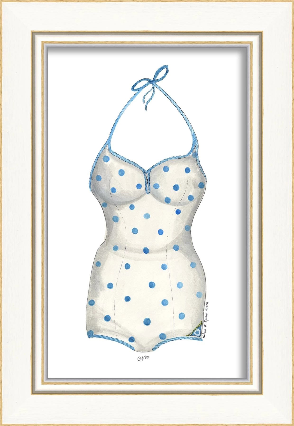 Framed Vintage Style Blue Polka Dot Bathing Suit Artwork