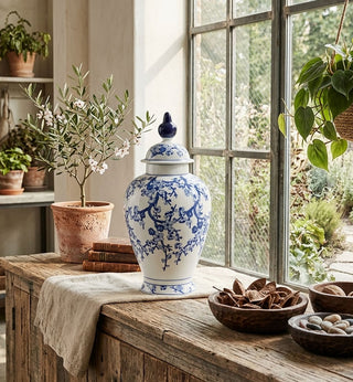 24 Inch Ceramic Blue and White Chinoiserie Ginger Jar