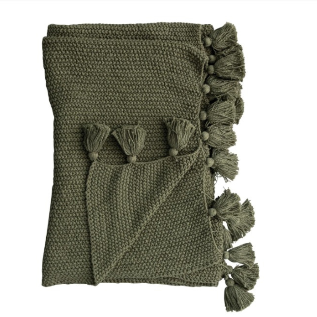 Olive Green Cotton Knit Throw
