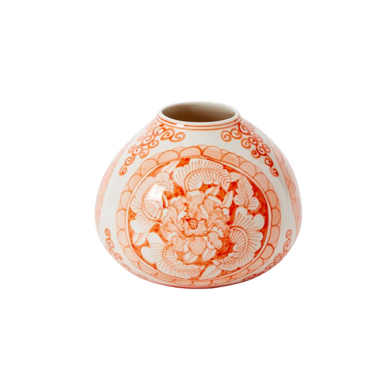 The Hand Painted Coral Chinoiserie Vase - Bulb Shaped