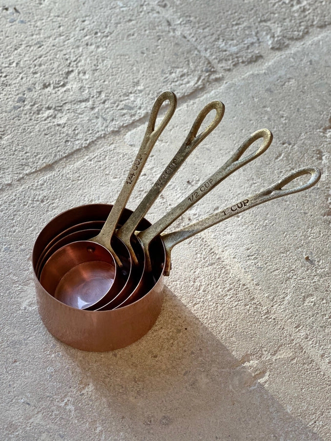 Vintage on sale Copper Measuring Cups Set of 4 Brass Handles