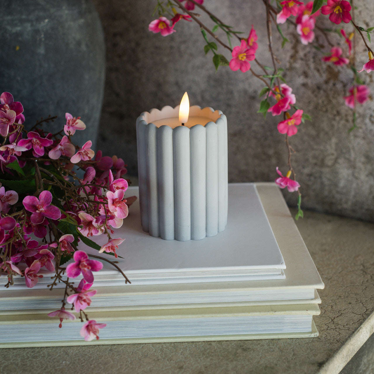 4" Grey Cement Column Flameless Wax 3D Candle