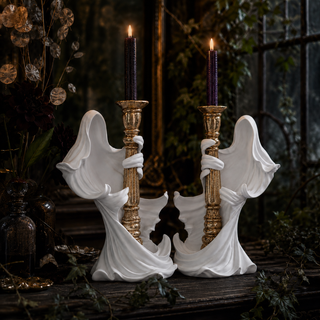 Set of 2 White Draped Ghost Holding Gold Taper Candleholders