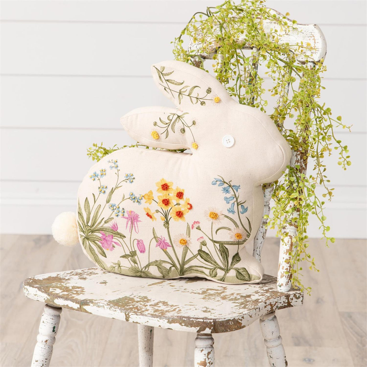 16" Embroidered Floral Rabbit Silhouette Pillow