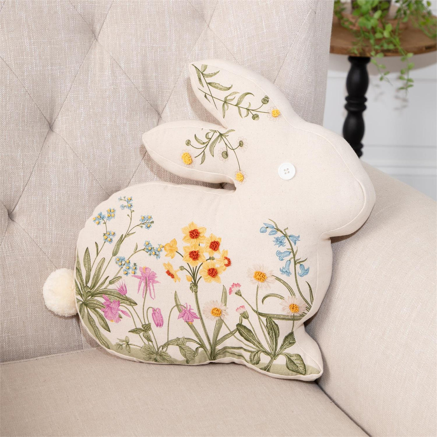 16" Embroidered Floral Rabbit Silhouette Pillow