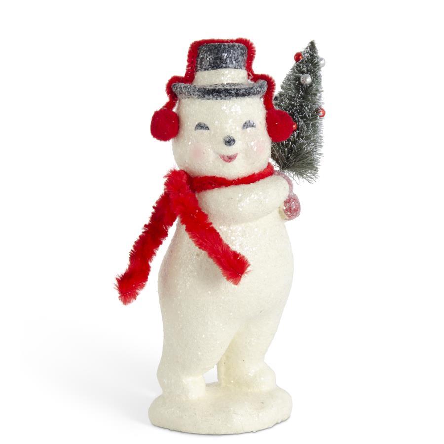 Retro Style Paper Mache Snowman with Bottle Brush Tree