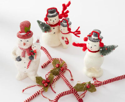 Retro Style Paper Mache Snowman with Bottle Brush Tree