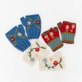Embroidered Wool Fingerless Gloves - Choose Style