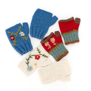 Embroidered Wool Fingerless Gloves - Choose Style