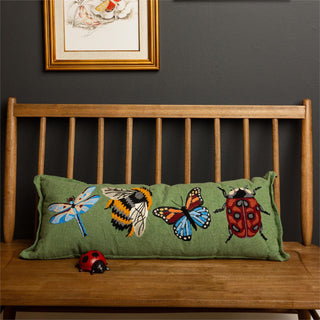 32" Embroidered Lumbar Pillow with Dragonfly, Lady Bug, Butterfly and Bumble Bee