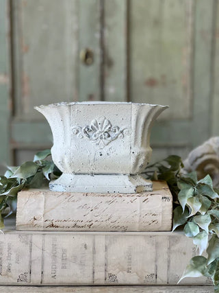8" Distressed White Metal Planter