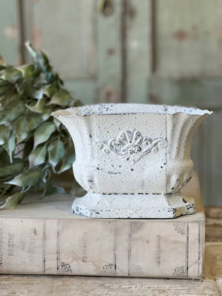 8" Distressed White Metal Planter