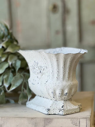 8" Distressed White Metal Planter