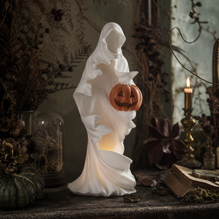 White Draped LED Ghost Holding Jack-o’-Lantern