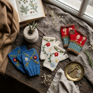 Embroidered Wool Fingerless Gloves - Choose Style