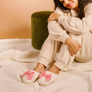 Fuzzy Festive Plaid Bow Slippers