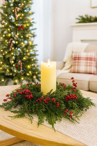 18" Real Touch Emerald Falls with Berries Candle Ring Wreath with 6" Inner
