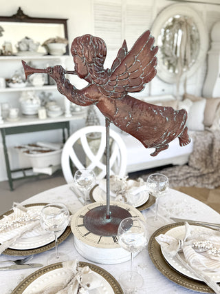 Christmas Tree Topper - Verdigris Finished Flying Angel With Stand