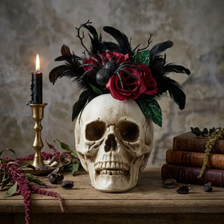 Feathered Floral Skull with Glitter Spider