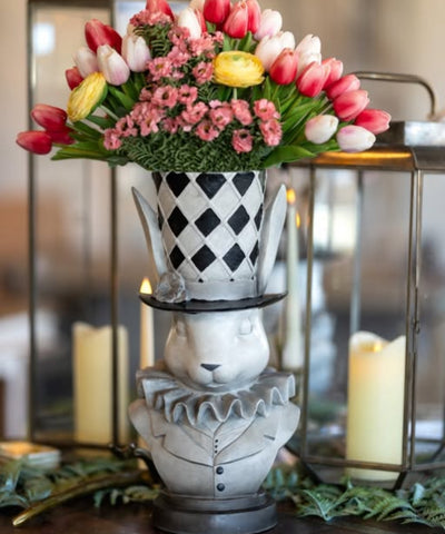 18" Gray & Black Bunny Bust w/Top Hat Flower Container Vase