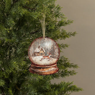 House & Deer Snow Globe Metal Ornament