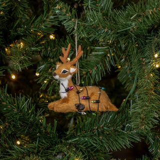Resting Deer Wrapped In Christmas Lights Ornament