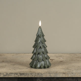 8" Green Shimmer 3D Flame Alabaster Pine Tree Candle