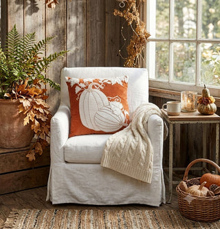 18" Orange Velvet Pumpkin Embroidered Pillow
