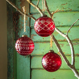 4" Christmas Red Glass Etched Ornament - Choose Style